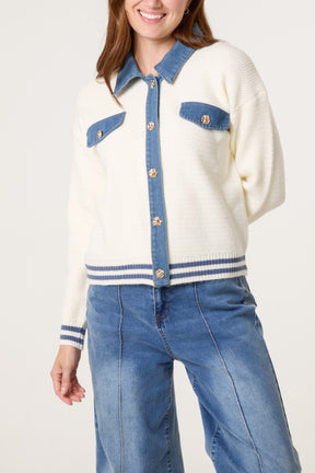 Denim Trim Knit Cardigan Jacket