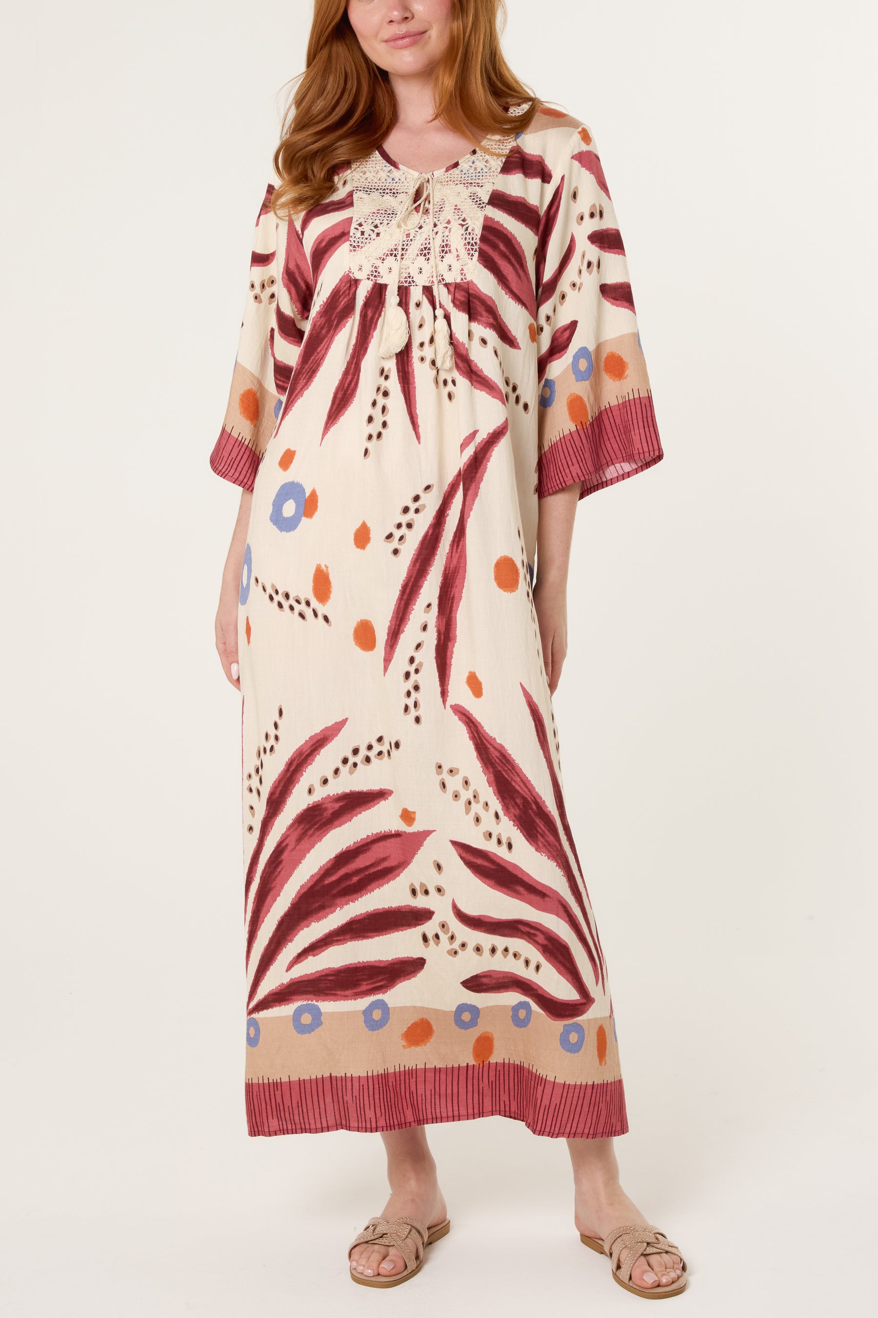 Abstract Leaf Print & Crochet Dress