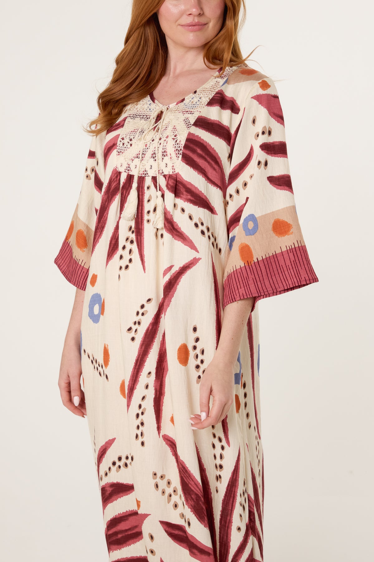 Abstract Leaf Print & Crochet Dress