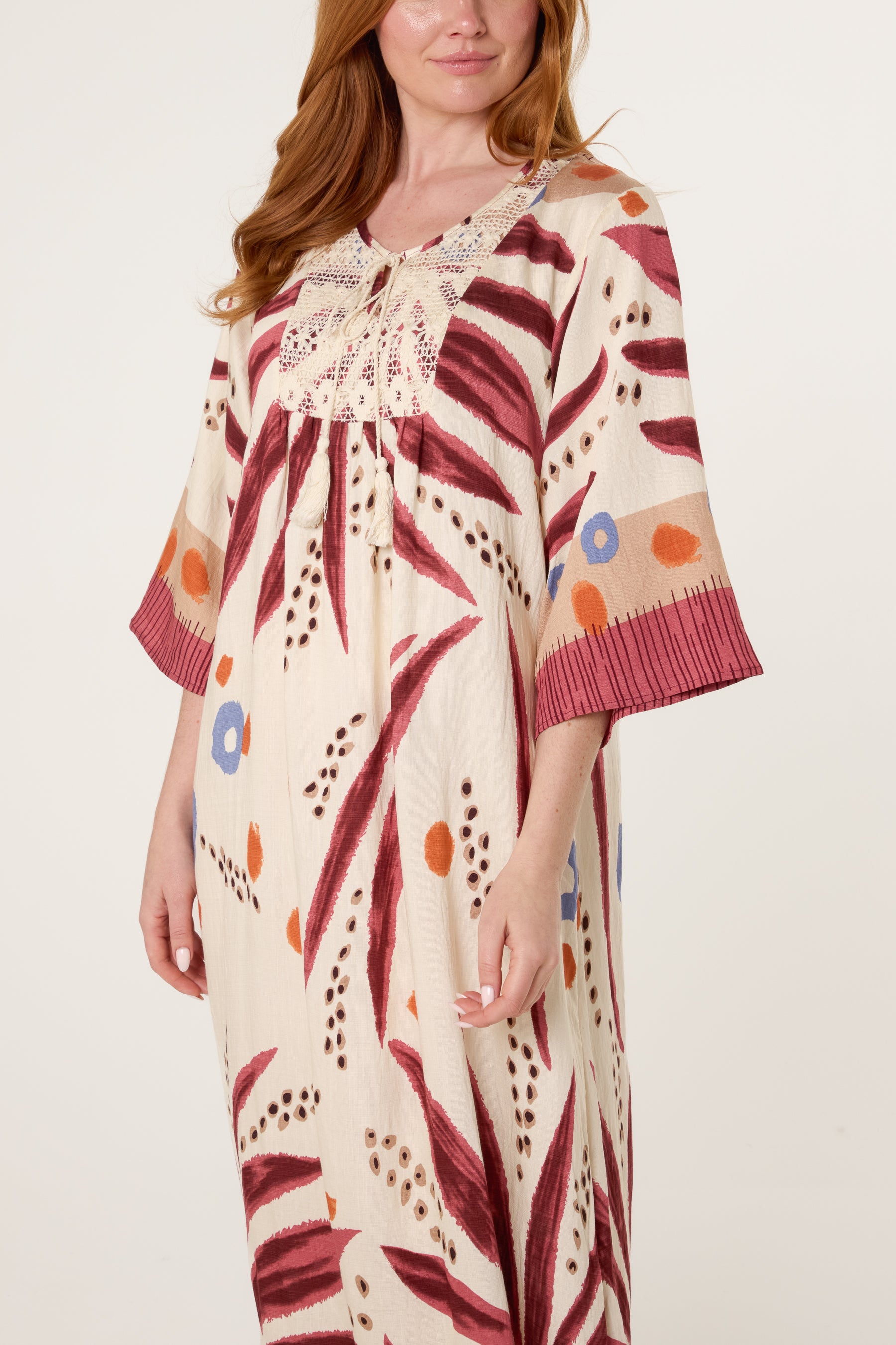 Abstract Leaf Print & Crochet Dress