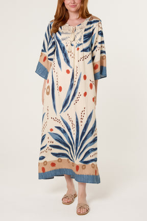 Abstract Leaf Print & Crochet Dress