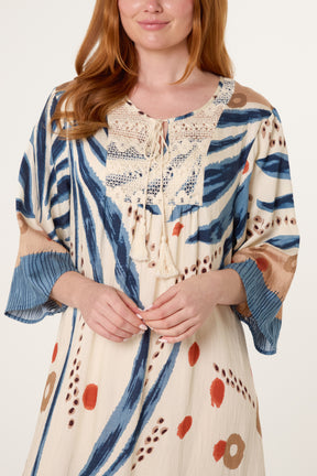 Abstract Leaf Print & Crochet Dress