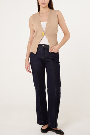 V-Shaped Gold Button Knit Vest Cardigan