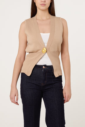V-Shaped Gold Button Knit Vest Cardigan