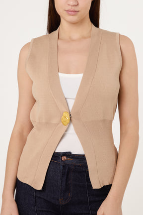 V-Shaped Gold Button Knit Vest Cardigan