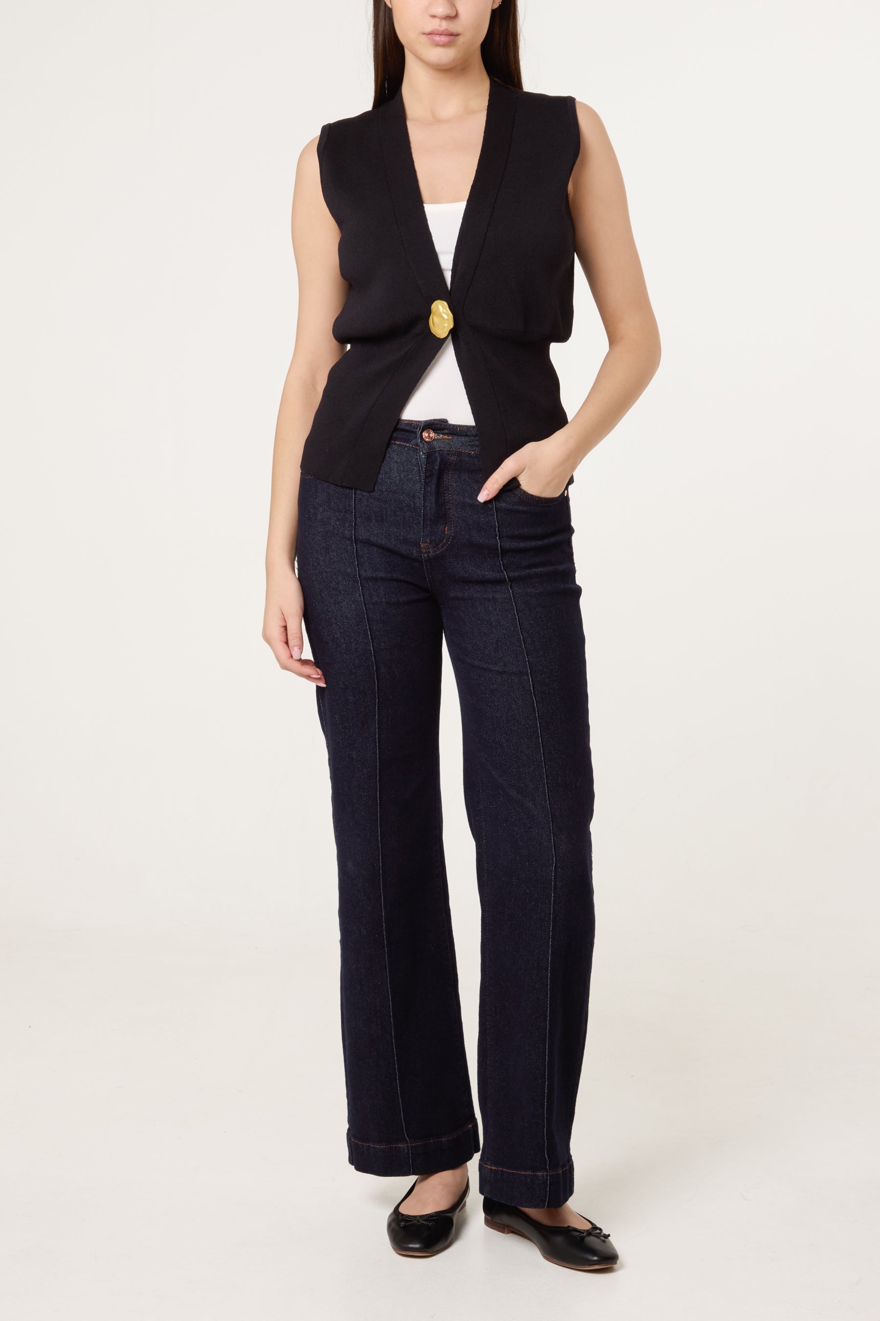 V-Shaped Gold Button Knit Vest Cardigan