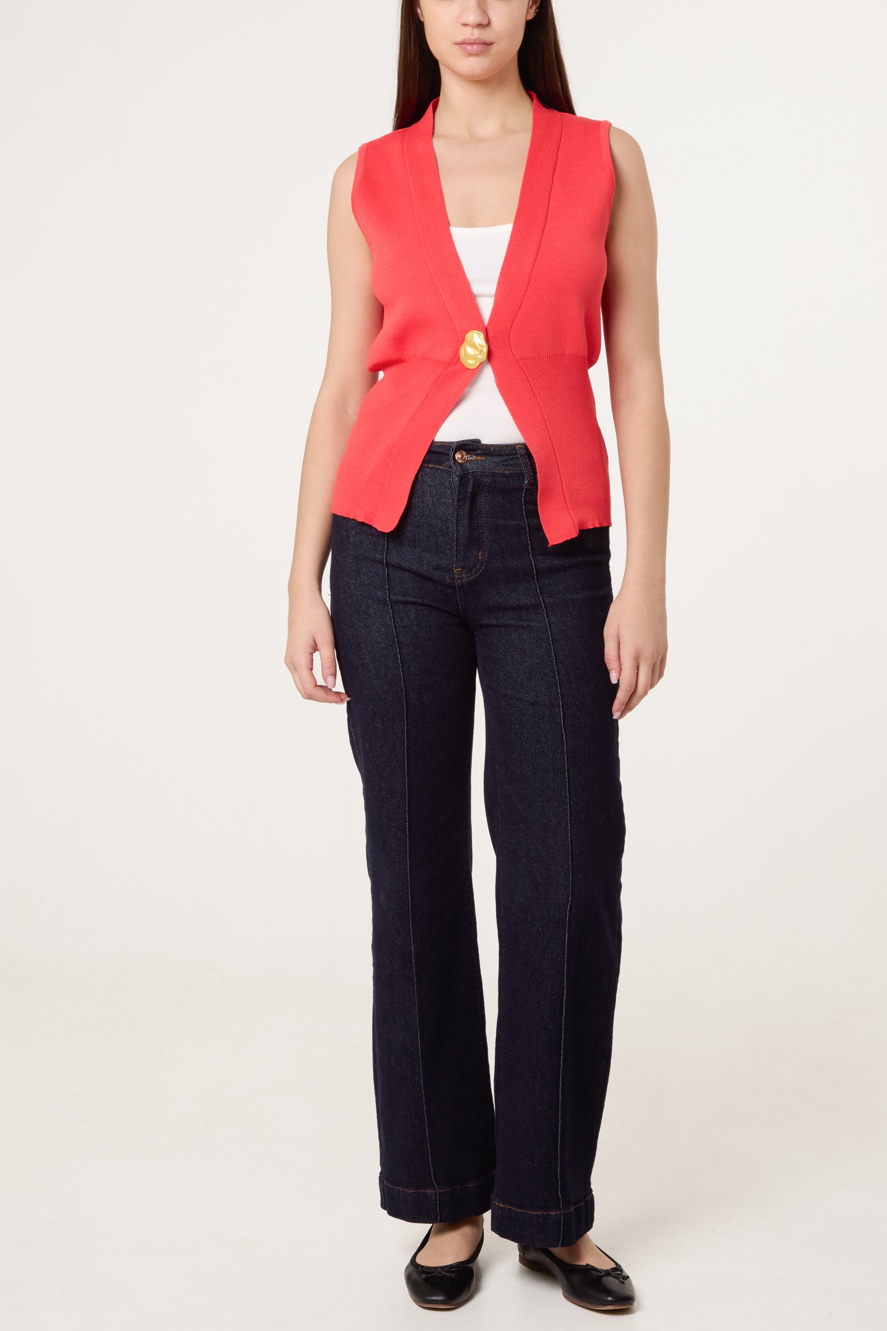 V-Shaped Gold Button Knit Vest Cardigan