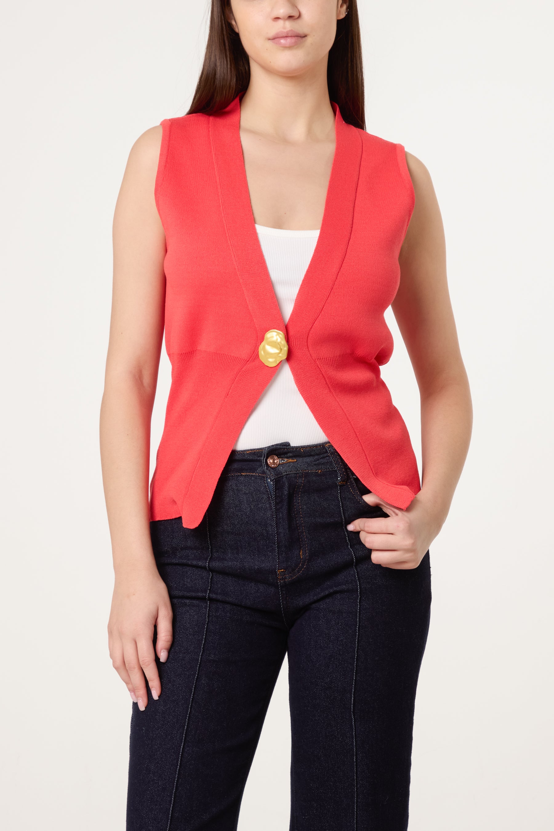 V-Shaped Gold Button Knit Vest Cardigan