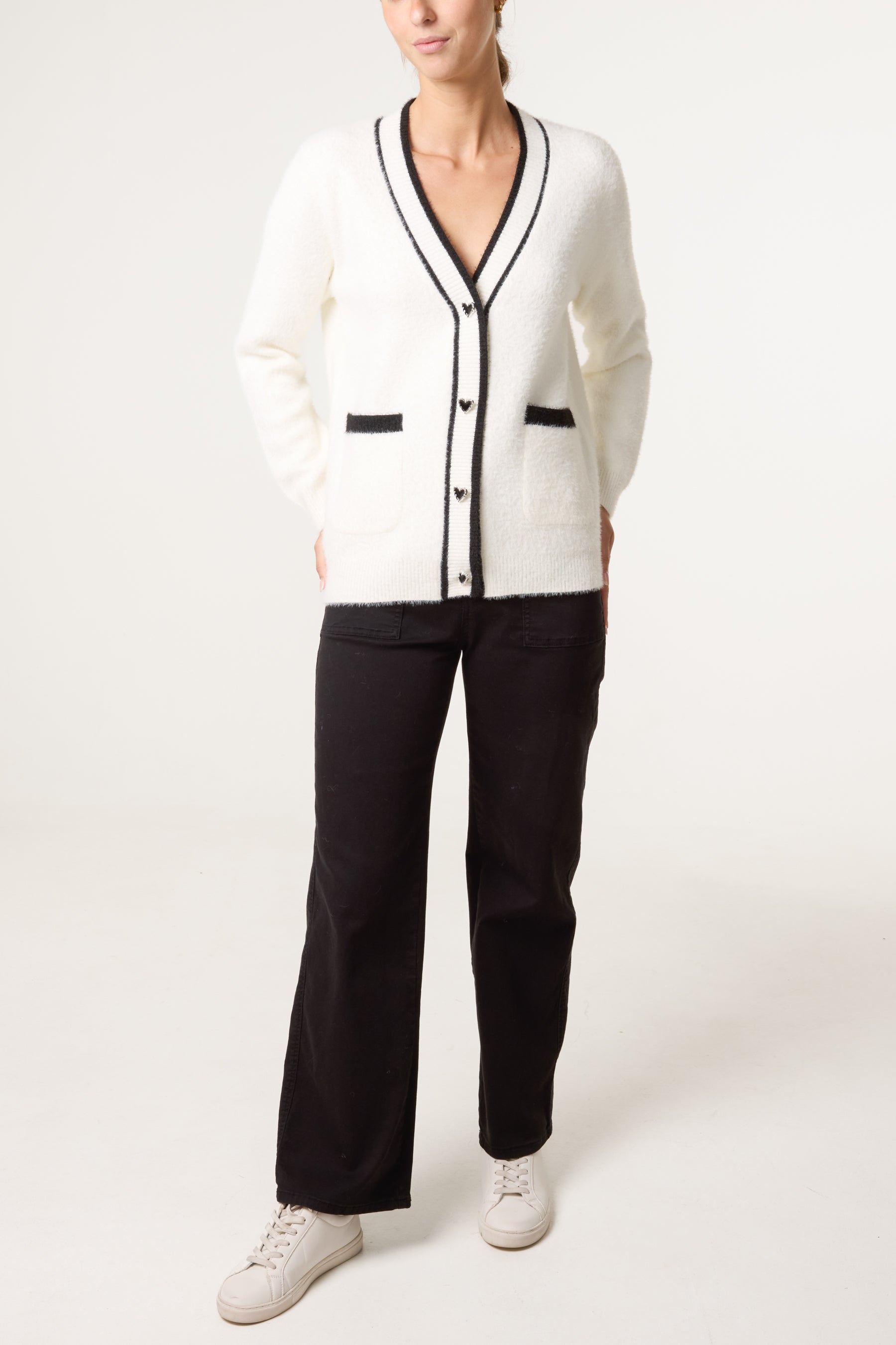 Contrast Hem Heart Button Knit Cardigan