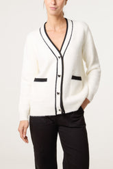Contrast Hem Heart Button Knit Cardigan