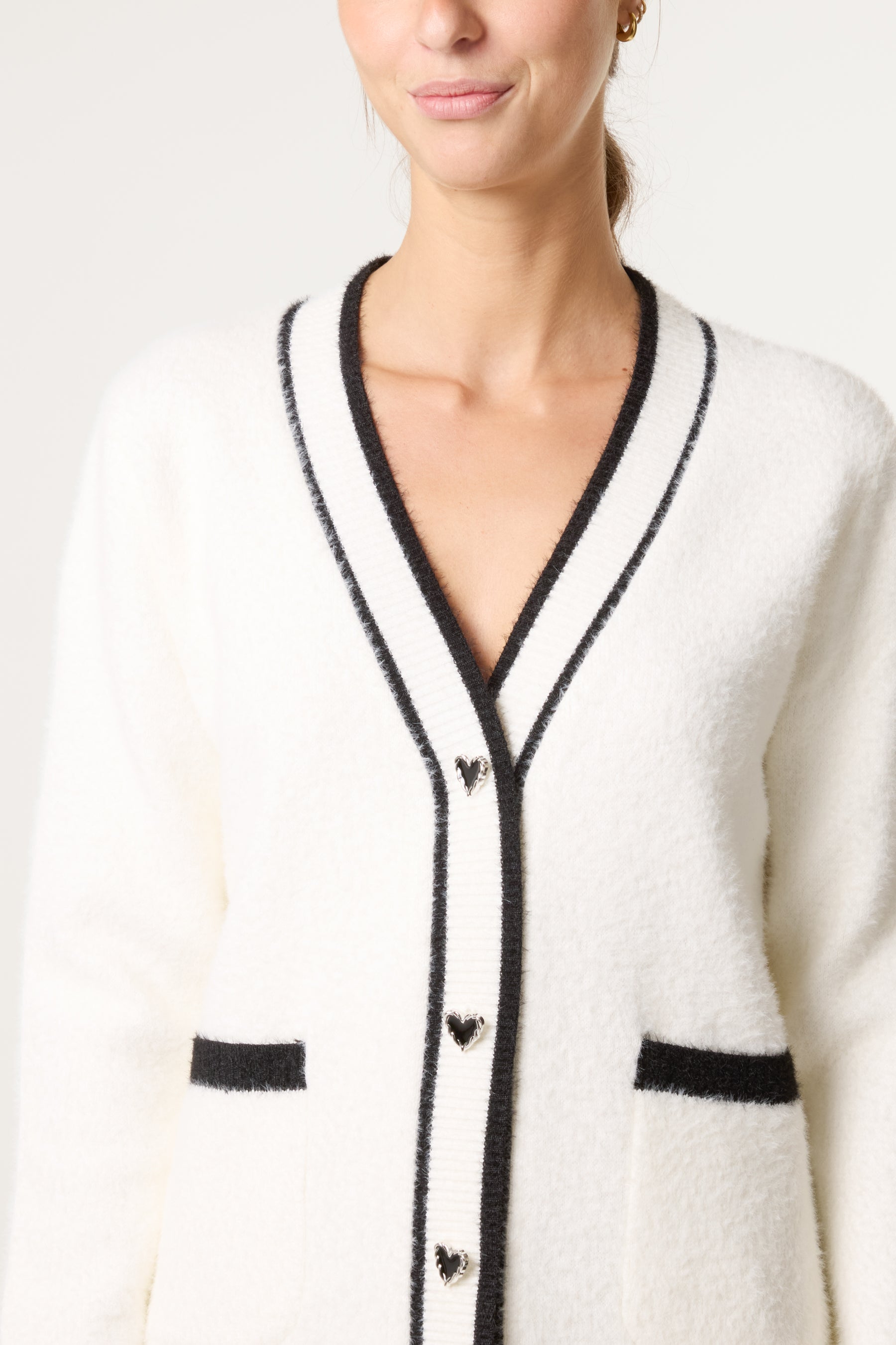 Contrast Hem Heart Button Knit Cardigan