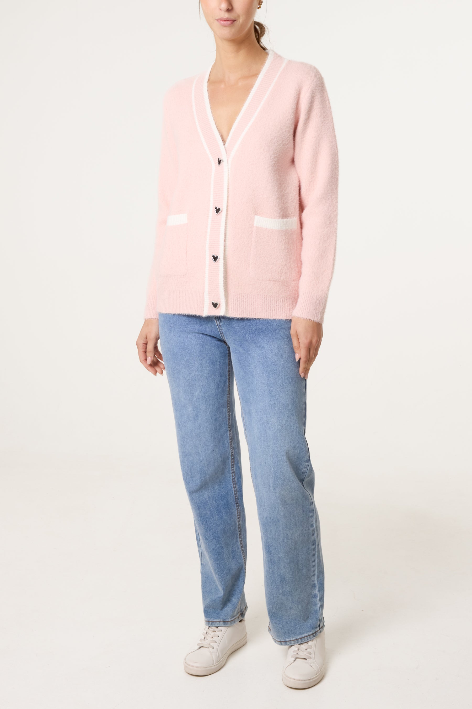 Contrast Hem Heart Button Knit Cardigan