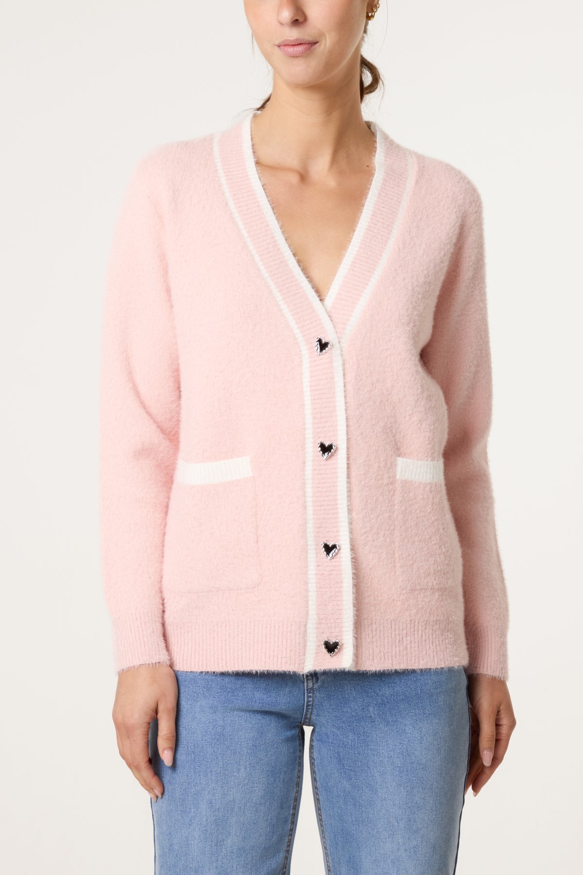 Contrast Hem Heart Button Knit Cardigan