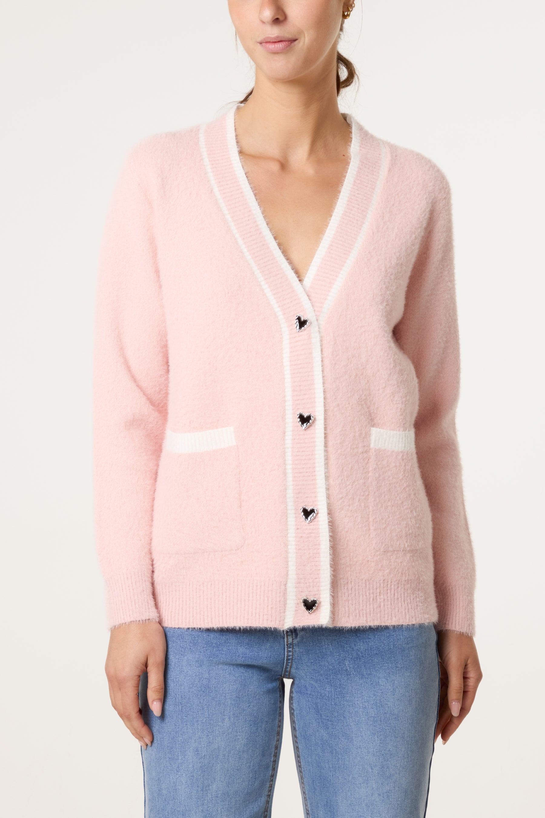 Contrast Hem Heart Button Knit Cardigan