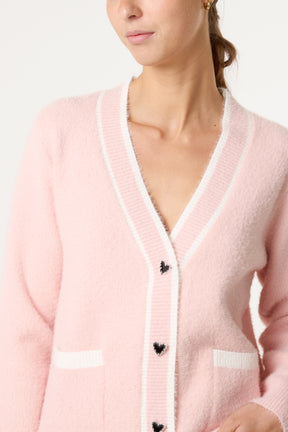 Contrast Hem Heart Button Knit Cardigan