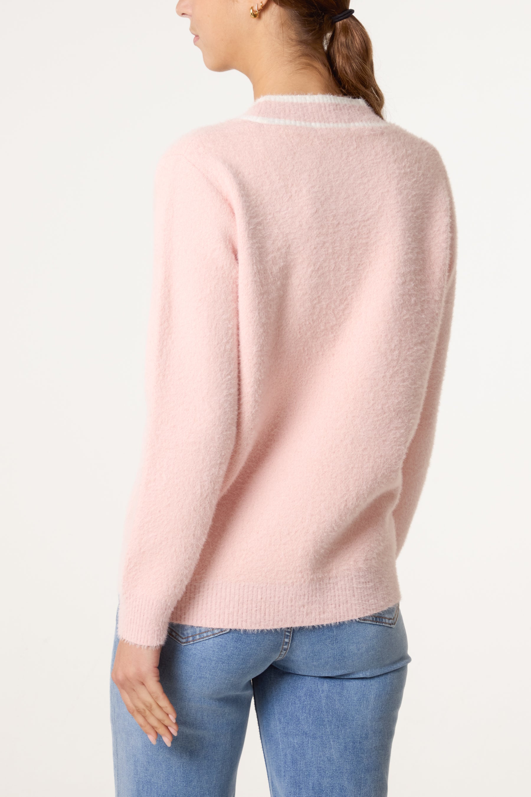 Contrast Hem Heart Button Knit Cardigan