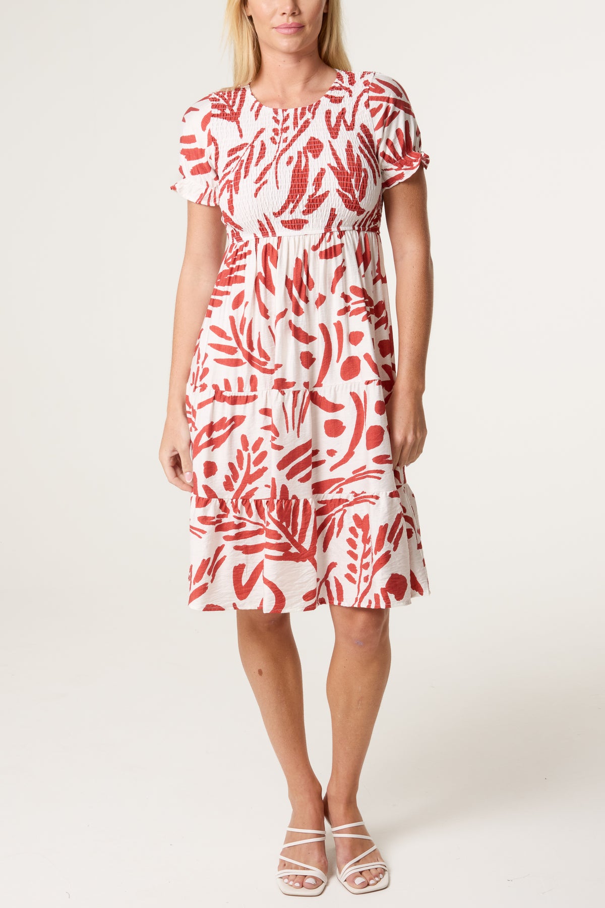 Abstract Leaf Shirred Bust Tiered Dress