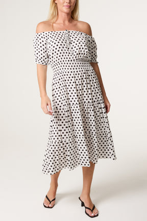 Polka Dot Shirred Bardot Dress