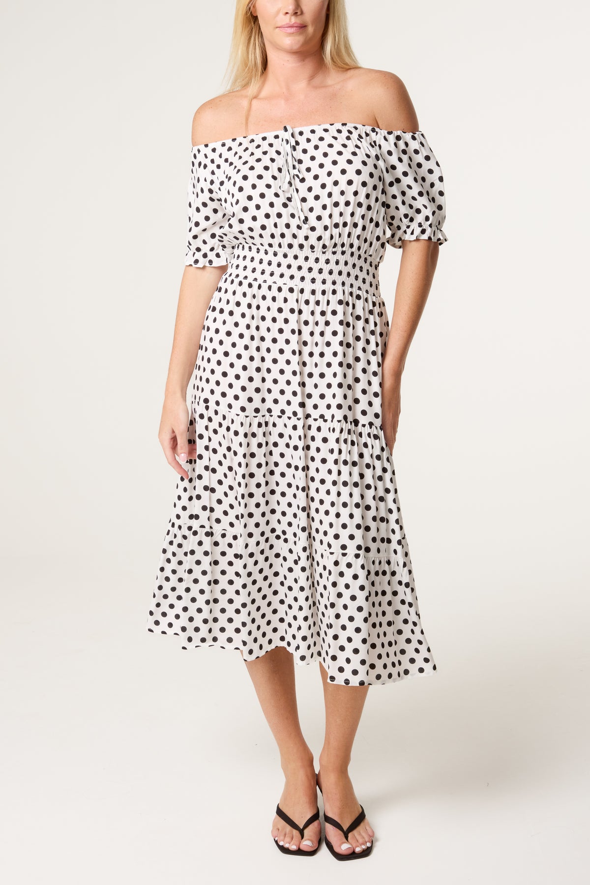 Polka Dot Shirred Bardot Dress