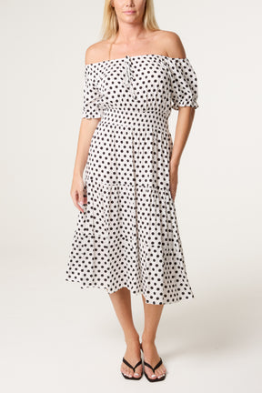 Polka Dot Shirred Bardot Dress