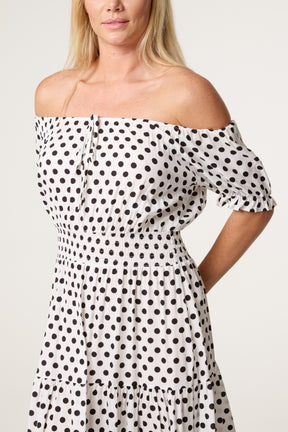 Polka Dot Shirred Bardot Dress