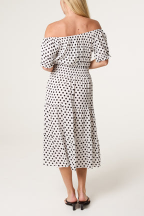 Polka Dot Shirred Bardot Dress