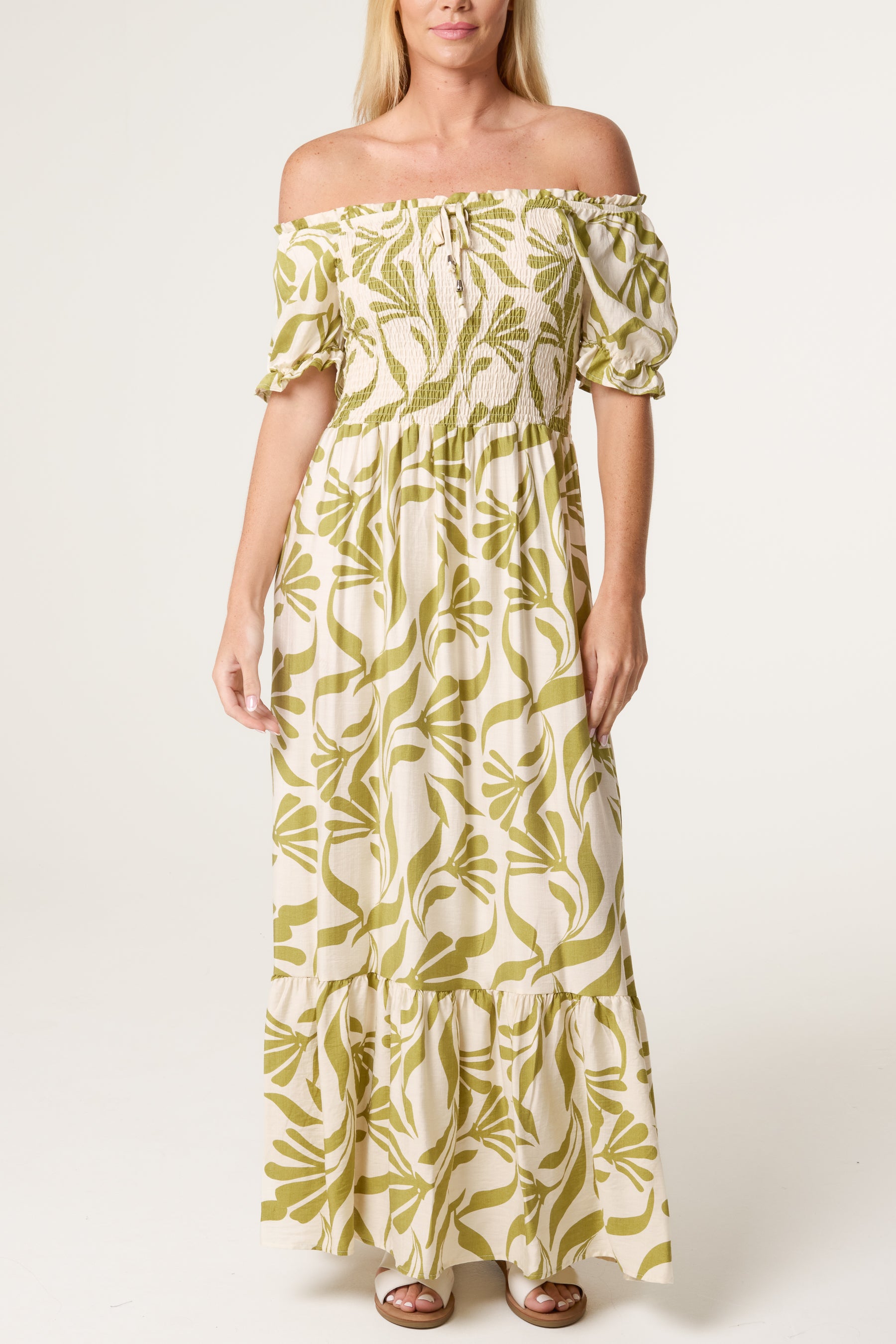 Abstract Leaf Bardot Shirred Maxi Dress