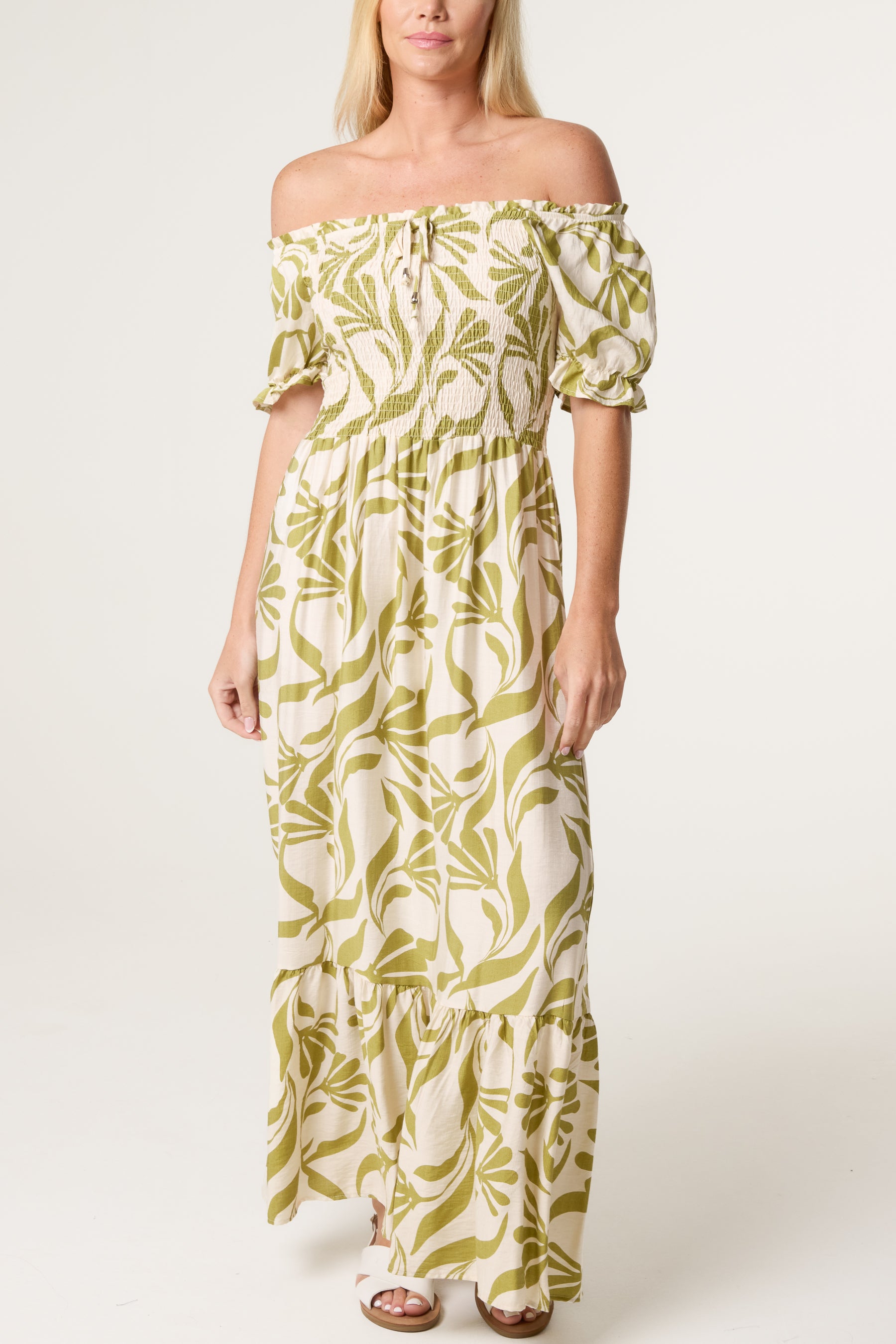 Abstract Leaf Bardot Shirred Maxi Dress