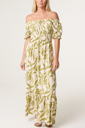 Abstract Leaf Bardot Shirred Maxi Dress