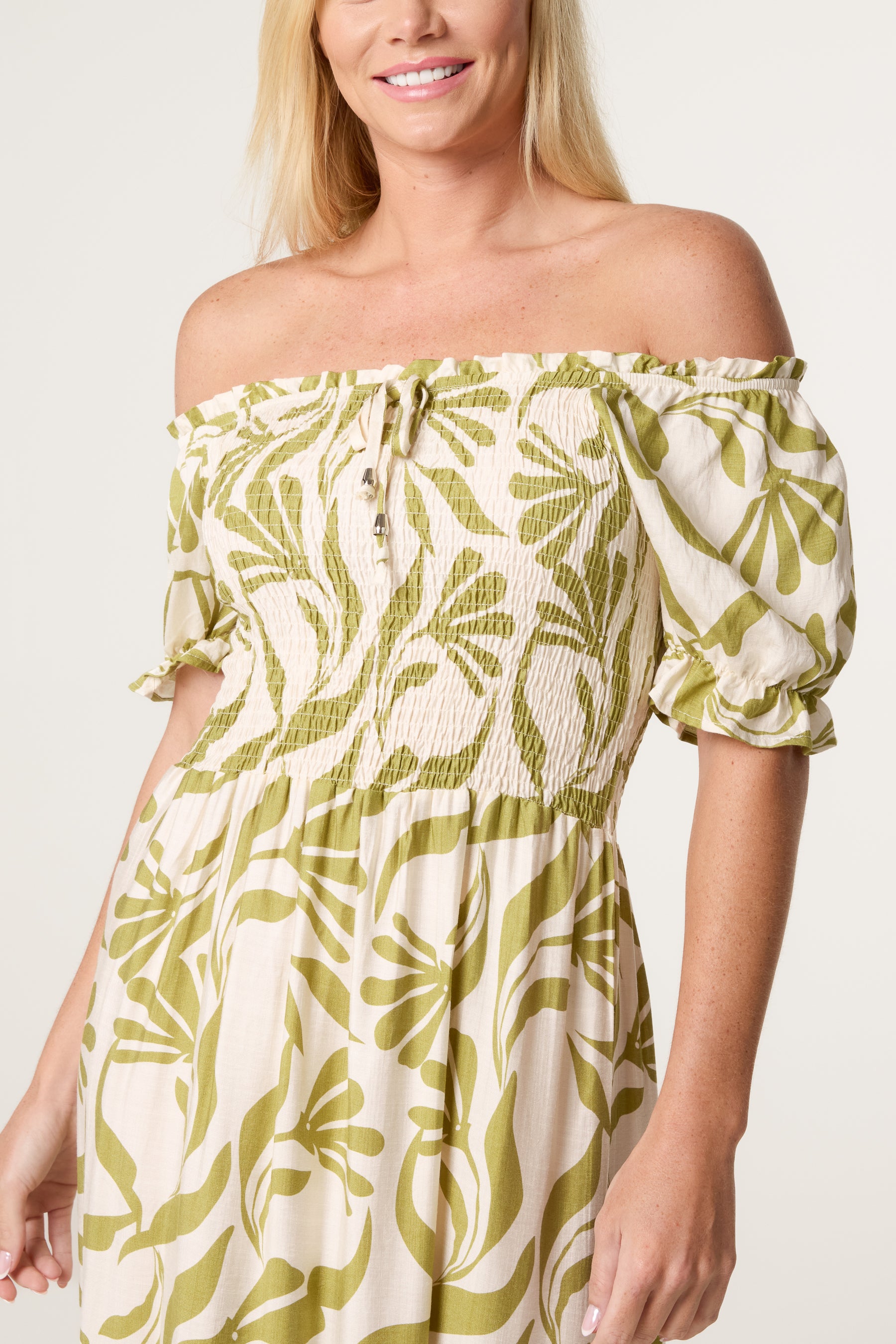 Abstract Leaf Bardot Shirred Maxi Dress