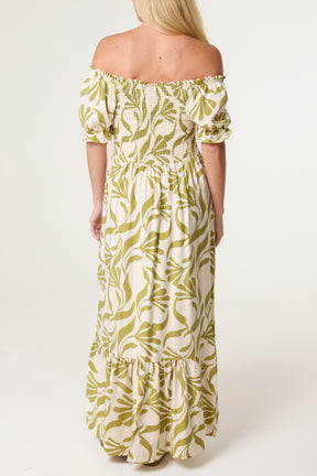 Abstract Leaf Bardot Shirred Maxi Dress