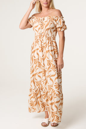 Abstract Leaf Bardot Shirred Maxi Dress