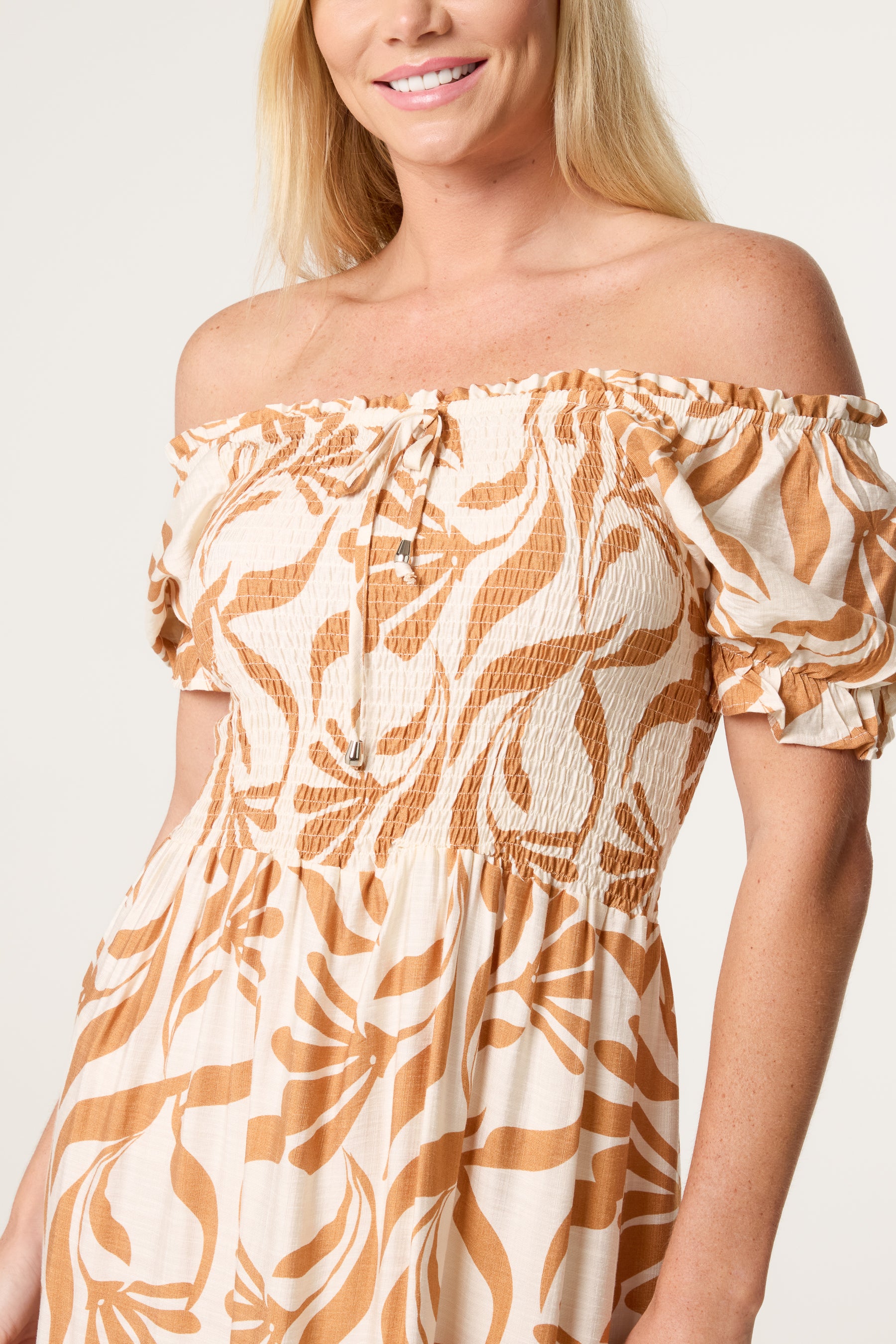 Abstract Leaf Bardot Shirred Maxi Dress