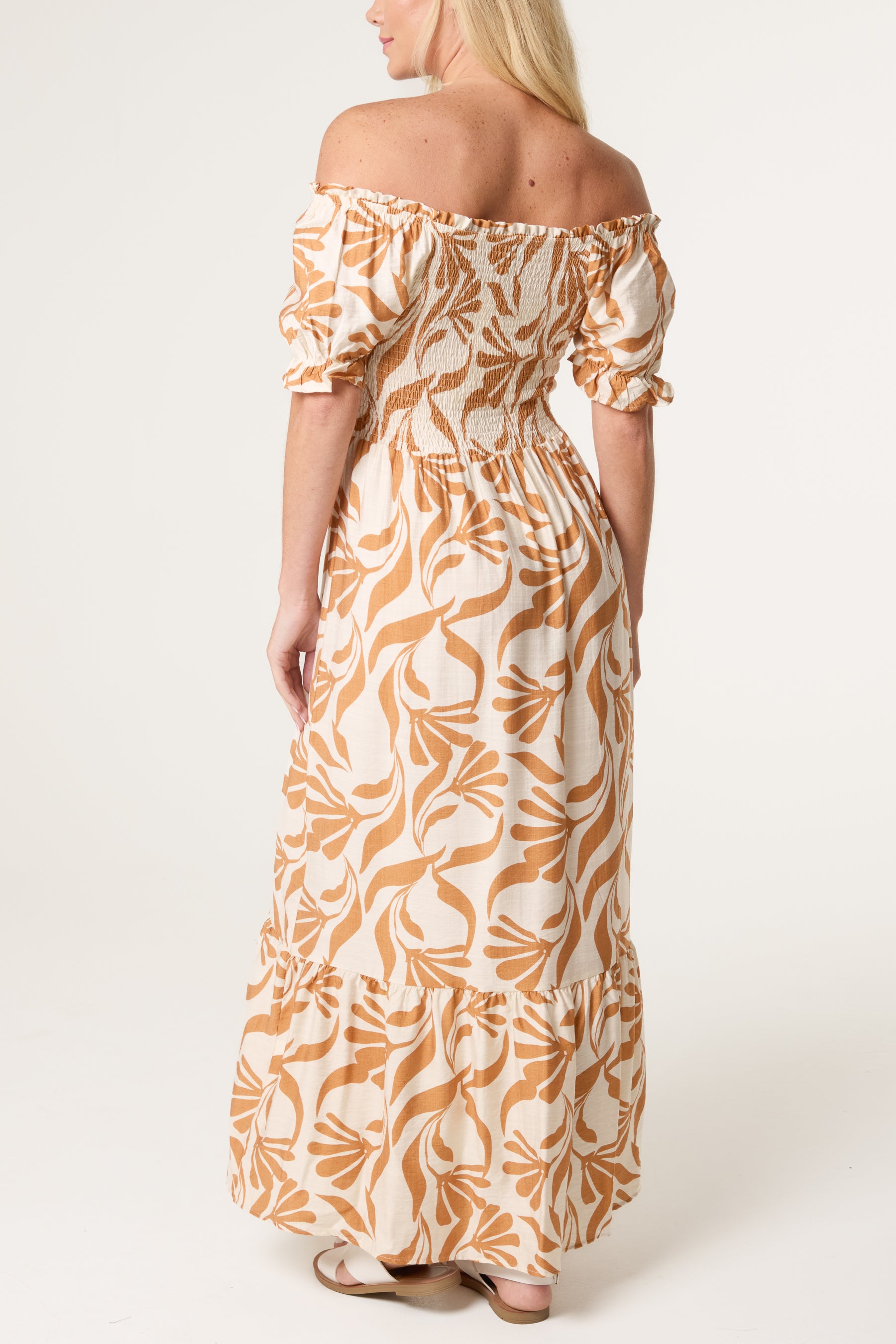 Abstract Leaf Bardot Shirred Maxi Dress