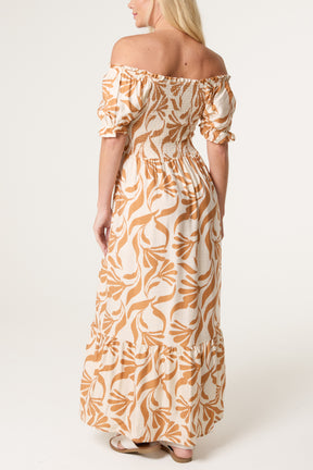 Abstract Leaf Bardot Shirred Maxi Dress