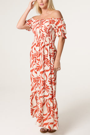 Abstract Leaf Bardot Shirred Maxi Dress