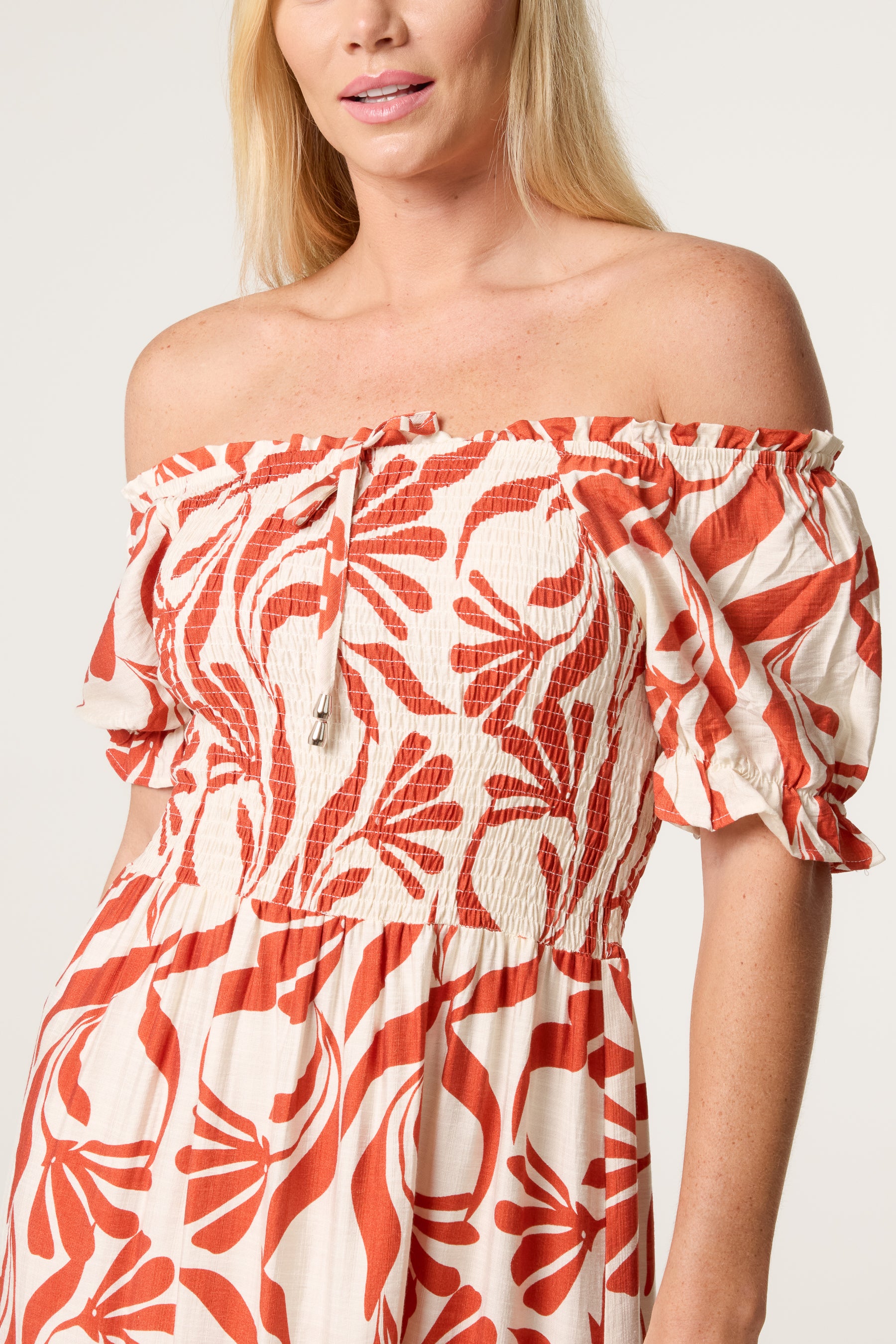 Abstract Leaf Bardot Shirred Maxi Dress