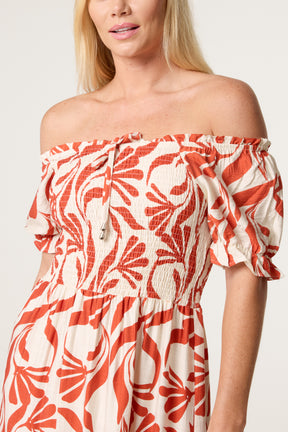 Abstract Leaf Bardot Shirred Maxi Dress