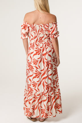 Abstract Leaf Bardot Shirred Maxi Dress