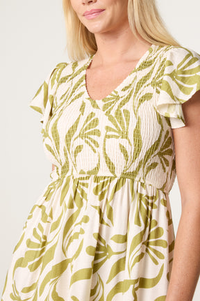 Abstract Leaf V Shirred Dress