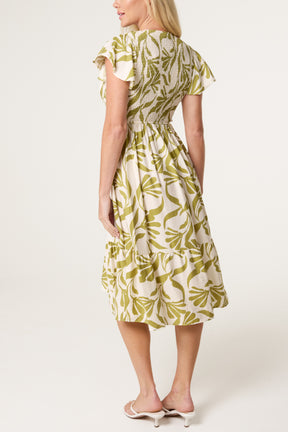 Abstract Leaf V Shirred Dress