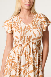 Abstract Leaf V Shirred Dress