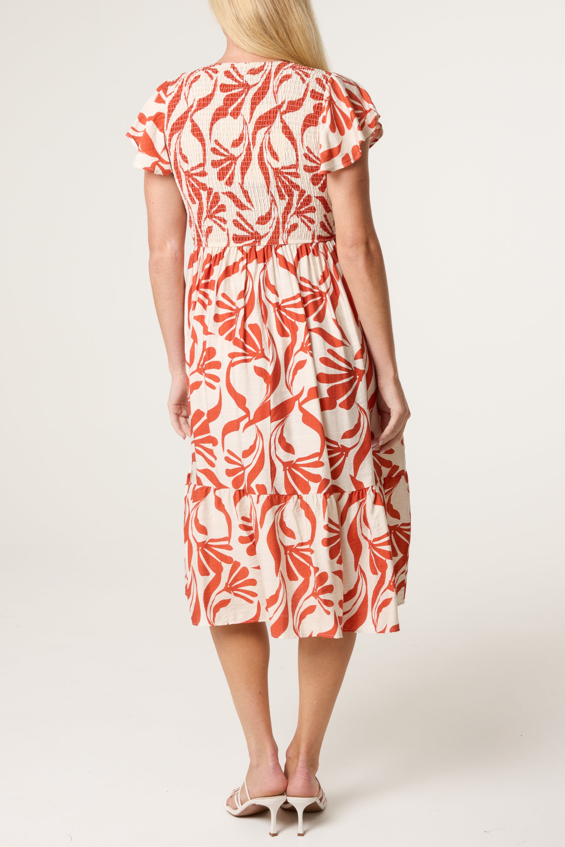 Abstract Leaf V Shirred Dress
