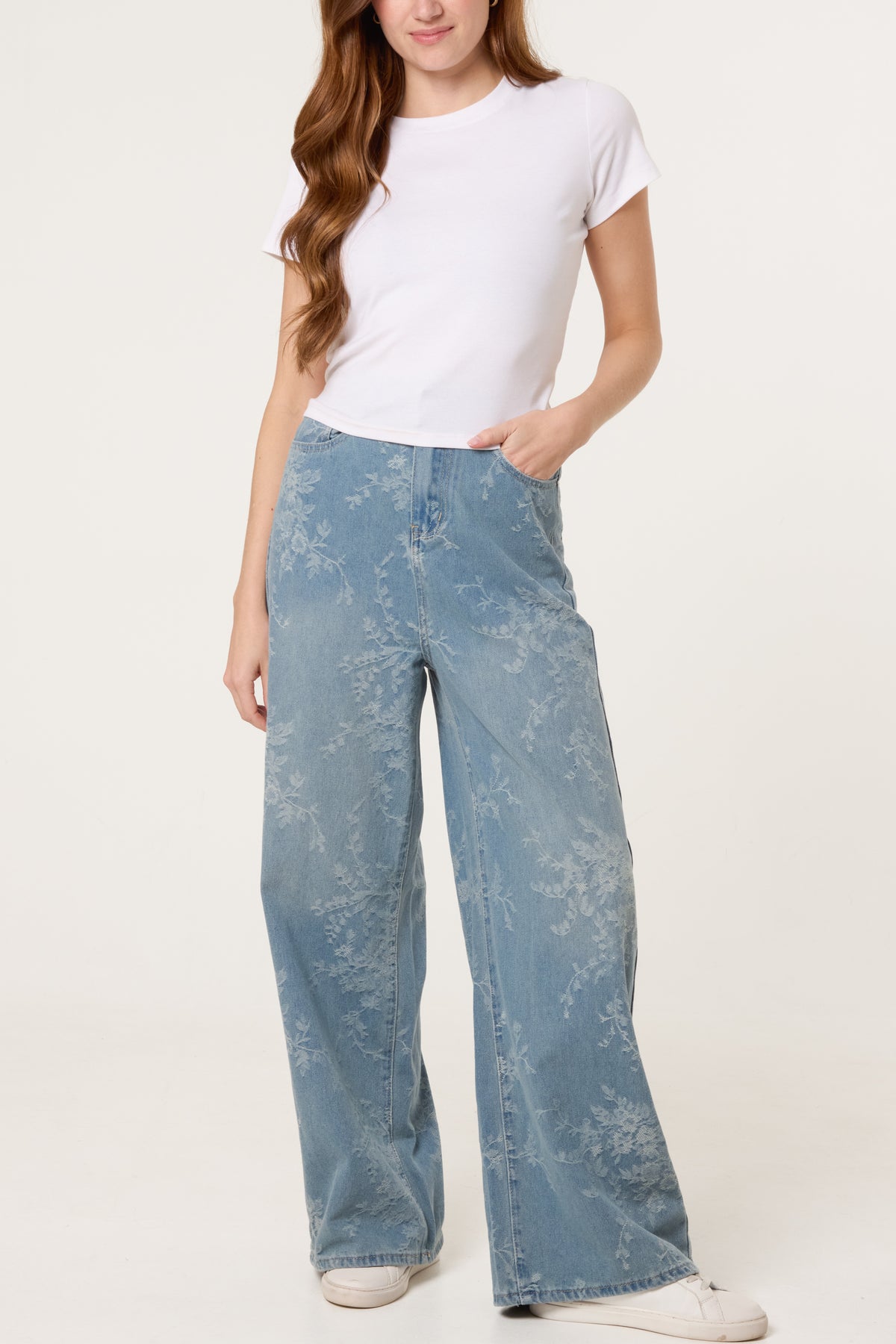 Wide Leg Floral Print Jeans