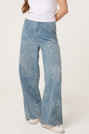 Wide Leg Floral Print Jeans