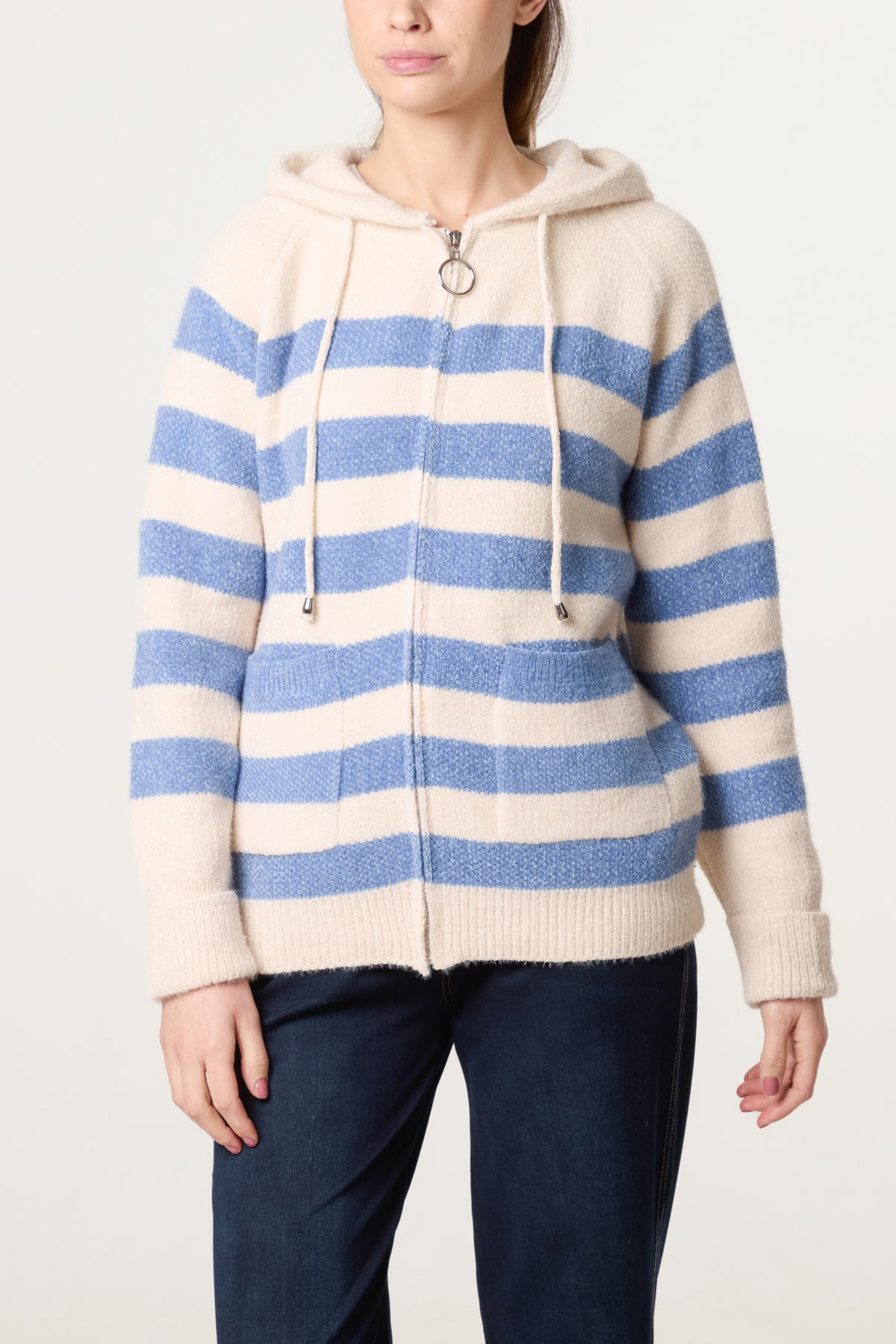 Striped Zip Up & Pocket Cosy Knit Hoodie