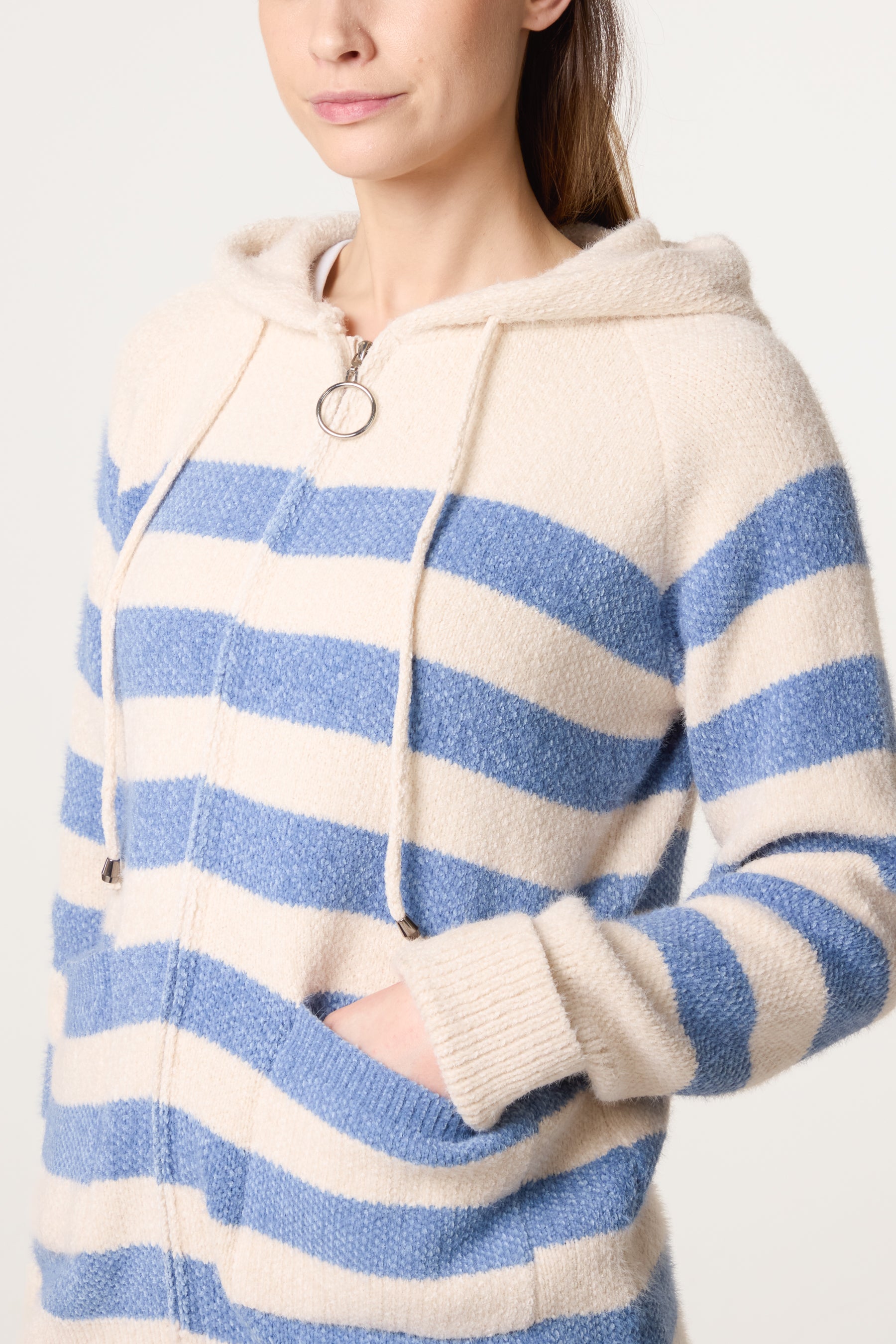 Striped Zip Up & Pocket Cosy Knit Hoodie