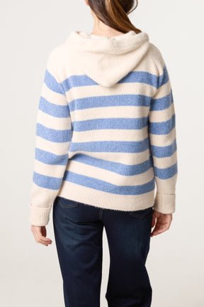 Striped Zip Up & Pocket Cosy Knit Hoodie