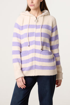 Striped Zip Up & Pocket Cosy Knit Hoodie
