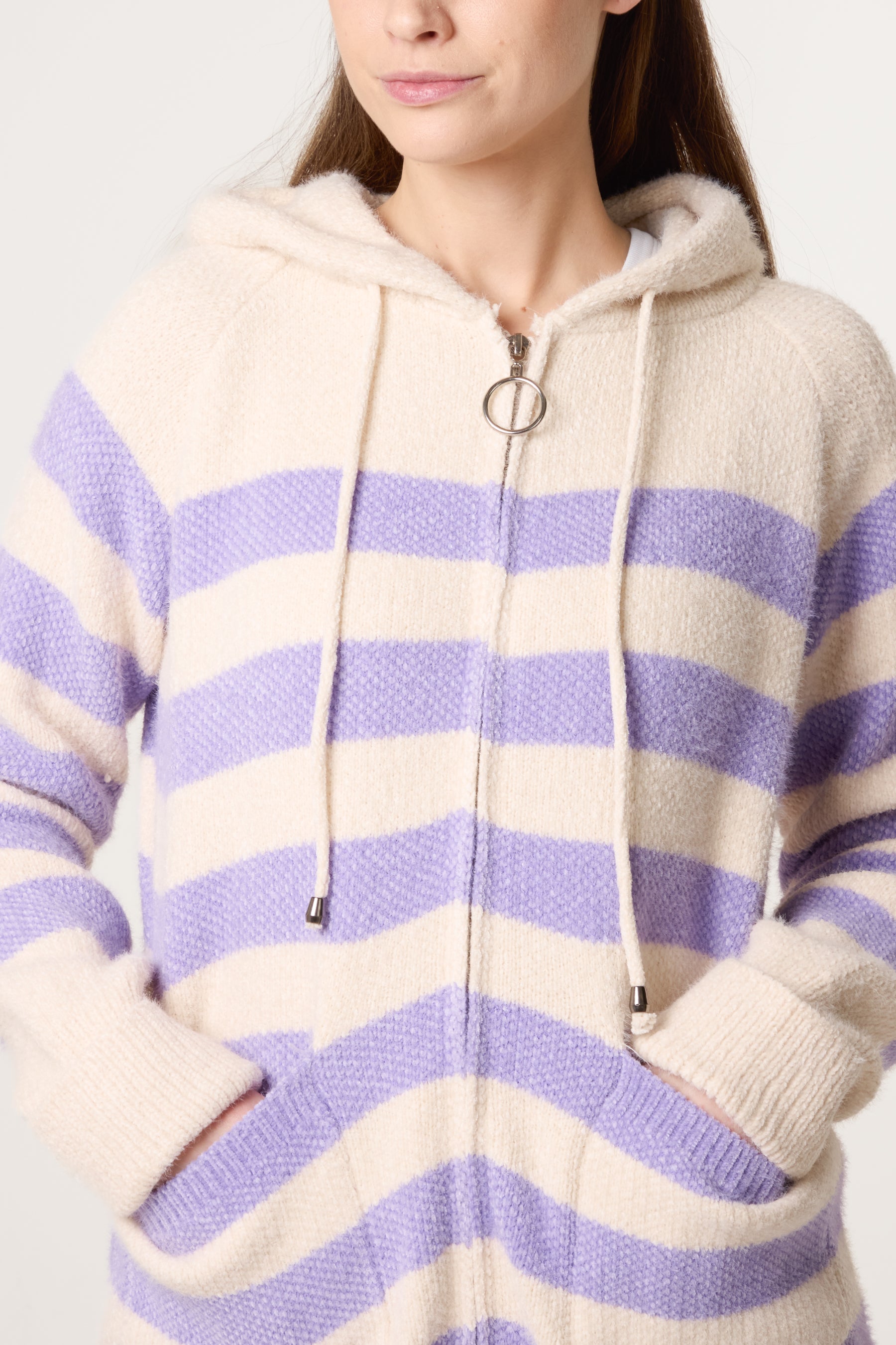 Striped Zip Up & Pocket Cosy Knit Hoodie